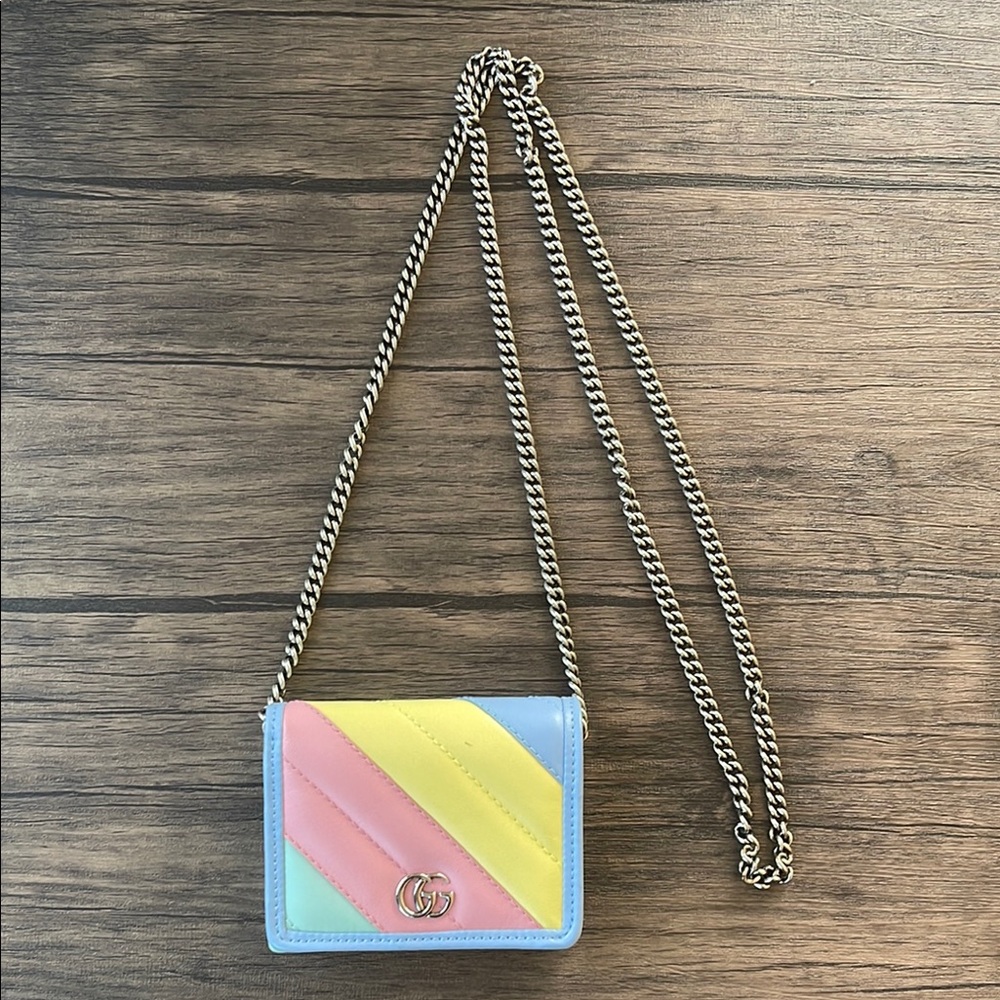 Gucci Pastel Diagonal Stripe Leather Crossbody Bag in Blue, Pink, Yellow, Mint